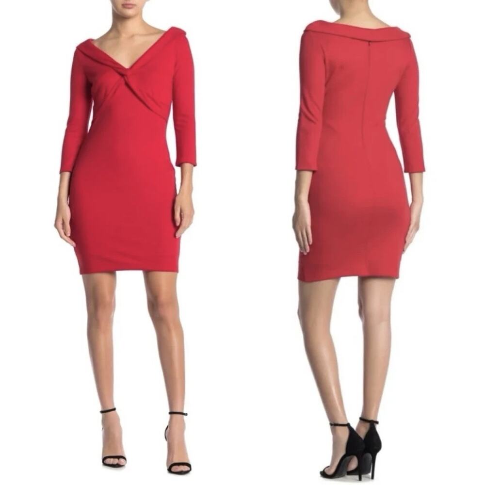 Bailey44 Womens Decolette Sheath Dress Red Sz XS 3/4 Slv Wide V Neck Cocktail